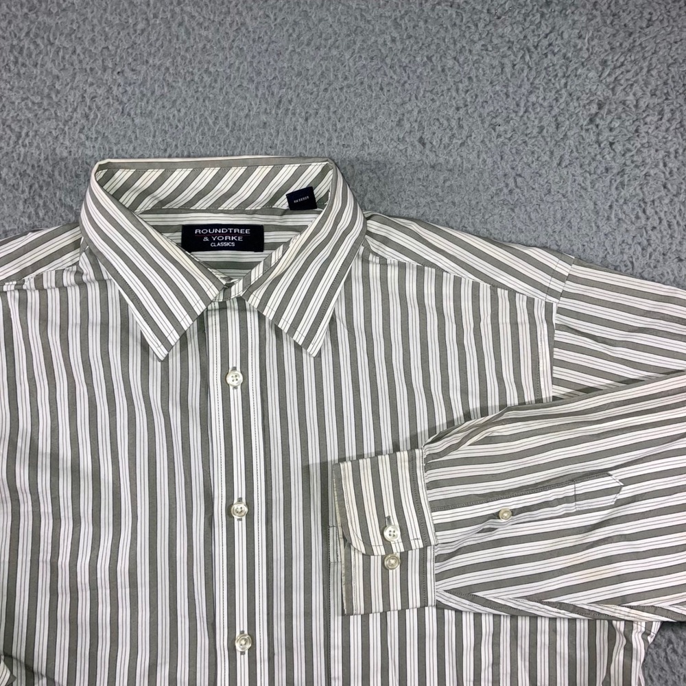 Roundtree & Yorke Button Up Shirt Men L Olive Green White Striped Classic Casual